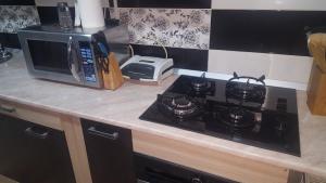 een aanrecht met een fornuis en een magnetron bij Apartament Luna in Mangalia