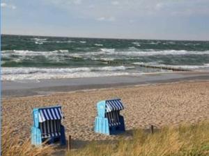 twee blauwe stoelen op een strand bij de oceaan bij RN_Ferienwohnungsvermietung _ Obje in Warnemünde