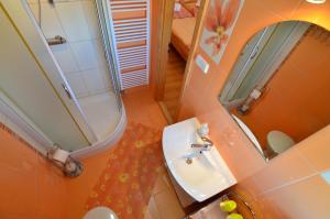 a bathroom with a sink and a shower and a mirror at Penzión Family Rušin in Veľká Lomnica +37 photos