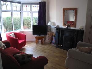 a living room with a television and a fireplace at Simon's Cosy House in Bangor