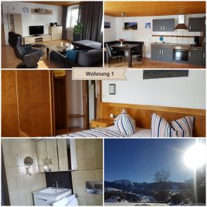 a collage of photos of a living room and a kitchen at Gästehaus Eberle in Oberstaufen +31 photos