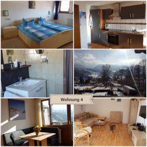 een collage van foto's van een slaapkamer en een woonkamer bij Gästehaus Eberle in Oberstaufen