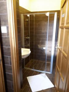 a bathroom with a shower and a sink at Csanabella House in Szeged