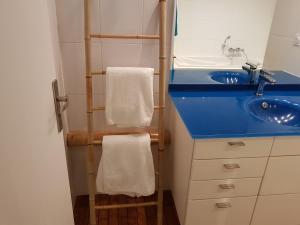 Baño con toallero junto a un lavabo en Le lodge, en Vaux-sur-Mer 37 fotos más