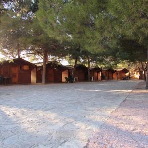 een groep hutten met bomen op de achtergrond bij Camping-Bungalows Ciudad de Albarracín in Albarracín