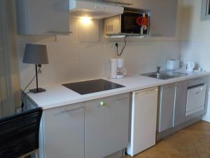 a white kitchen with a sink and a counter at Studio curiste aix les bains in Aix-les-Bains