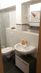 a white bathroom with a sink and a toilet at FeAp Brombachsee - Sonnentag Ost in Röttenbach +4 photos