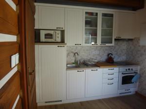 cocina con armarios blancos, fregadero y microondas en Apartmán Na Zlatníku, en Zlatá Olešnice