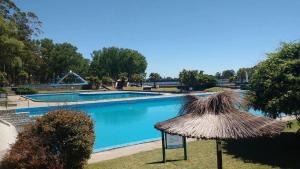 een groot blauw zwembad met een rieten parasol bij Don Ramon Departamentos Premium in Tandil