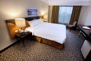 um quarto de hotel com uma cama grande e uma secretária em Hotel Elizabeth Cebu em Cebu