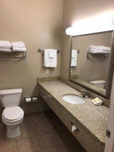 a bathroom with a toilet and a sink and a mirror at Americas Best Value Inn - Gun Barrel City in Gun Barrel City