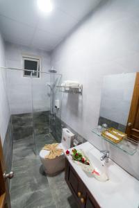 a bathroom with a shower and a sink and a toilet at Starhill Hotel in Da Lat