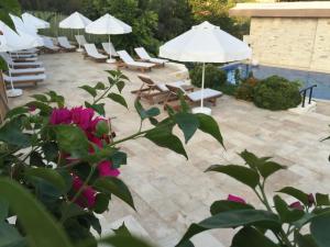 a patio with chairs and umbrellas and a pool at Dardanos Hotel in Patara