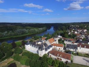 una vista aérea de una ciudad junto a un río en Les Pres Verts, en Mareuil-sur-Cher
