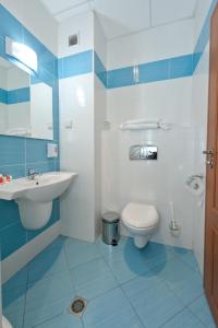 La salle de bains bleue et blanche est pourvue de toilettes et d'un lavabo. dans l'établissement Hotel Astra, à Sofia