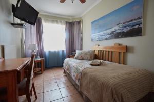 a bedroom with a bed and a desk and a television at African Kwela Guest House in Windhoek