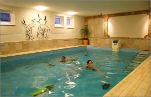 two people are swimming in a swimming pool at Hotel zur Krone in Auggen