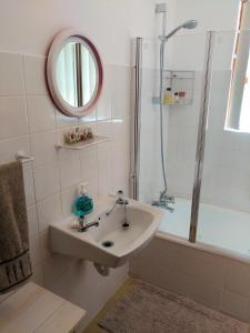 a bathroom with a sink and a shower and a mirror at After8 B&B in Kleinbaai