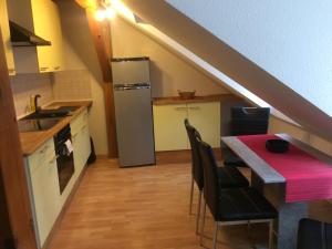 kuchnia z lodówką i stołem z krzesłami w obiekcie Lunitz 20 w mieście Görlitz