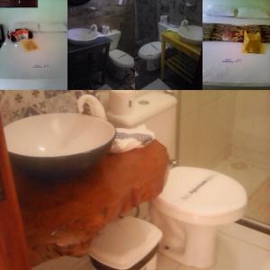 two pictures of a bathroom with a sink and a toilet at Chalet Schönenberg in Guaramiranga +77 photos