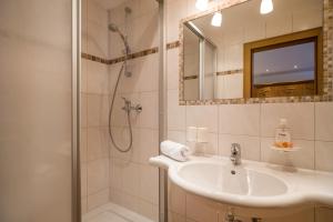 W łazience znajduje się umywalka i prysznic. w obiekcie Walchenhof w Mayrhofen