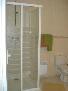 La salle de bains est pourvue d'une douche en verre et de toilettes. dans l'établissement Chambres d'hôtes la Chaumière, à Arcy-sur-Cure