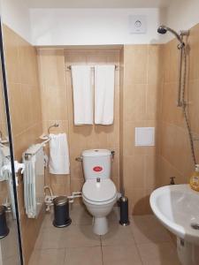 ein Badezimmer mit einem WC und einem Waschbecken mit Handtüchern in der Unterkunft Rooftop Oscar Rooms in Sofia + 29 Fotos