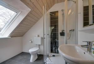 a bathroom with a toilet and a sink and a shower at Haus Biederstaedt in Ottersberg +14 photos