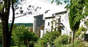 ein altes Schloss mit Bäumen davor in der Unterkunft La Maison Jules Goux in Mirmande
