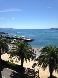 a beach with palm trees and the ocean with a pier at Bilocale Santa Margherita Ligure in Santa Margherita Ligure