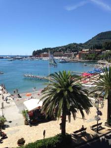plaża z palmami i ludzie na plaży w obiekcie Bilocale Santa Margherita Ligure w mieście Santa Margherita Ligure