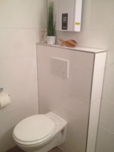 Burgtiefe auf Fehmarn 的住宿－Ferienwohnung-am-Suedstrand，白色的浴室设有卫生间和植物