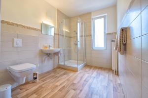 a bathroom with a shower and a toilet and a sink at Gasthof Runge in Barenburg