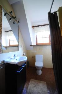 a bathroom with a white sink and a toilet at Przystań Jaskółka in Ruciane-Nida +32 photos