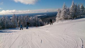a group of people skiing down a snow covered slope at Chalet Rouge in New Richmond