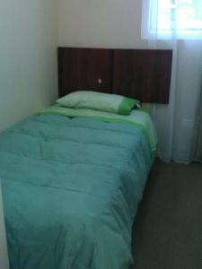 een slaapkamer met een groen bed en een houten hoofdeinde bij Departamento Volcán Corcovado in Puerto Montt