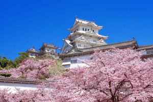 a castle withakura trees in front of it at Himeji Park Hotel (Adult Only) in Himeji