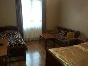 ein Wohnzimmer mit einem Sofa, einem Bett und einem Fenster in der Unterkunft zeiko s guesthouse in Bordschomi