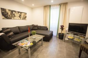 a living room with a couch and a tv at Downtown Apartments Center in Baden-Baden