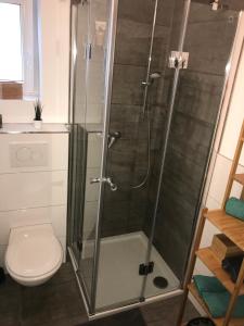 a shower stall with a toilet in a bathroom at Fewo Am Leegen Berg in Xanten