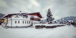 una casa cubierta de nieve con un árbol de Navidad delante de ella en Die feine Herberge, en Altenmarkt im Pongau