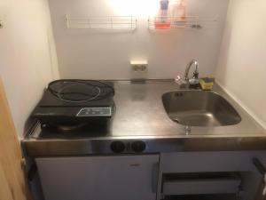 uma pequena cozinha com um lavatório e um fogão em Chiemgau Apartments II (Schuhbaum) em Inzell