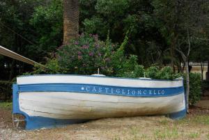 a boat sitting on the ground with flowers in it at Hotel Signorini in Castiglioncello