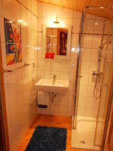 a bathroom with a sink and a shower at Ferienhütte Stephanie in Niederschlettenbach