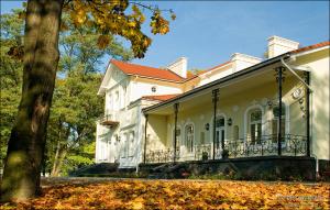 een groot wit huis met een boom ervoor bij Dwór na Wolicy in Dębica