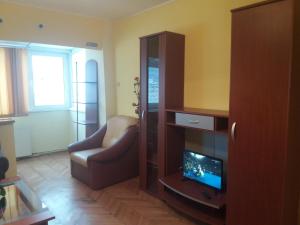 una sala de estar con sofá y TV en un armario en Apartament Viorea en Brasov