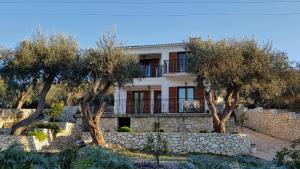 a house with trees in front of a stone wall at Villa Danae in Gaios