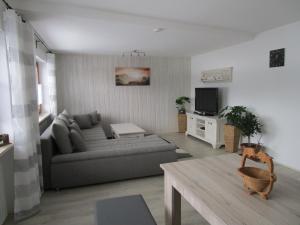 uma sala de estar com um sofá e uma televisão em Ferienwohnung Gipfelblick em Oberreute