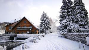 un camino cubierto de nieve frente a una casa en Au Cheval Blanc en Waimes