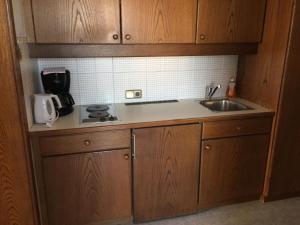 a small kitchen with wooden cabinets and a sink at Haus Daniela in Drobollach am Faaker See